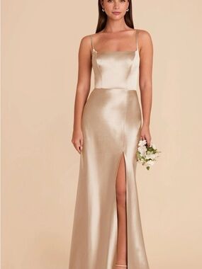Birdy Grey Satin Champagne Column Gown with Thigh Slit
